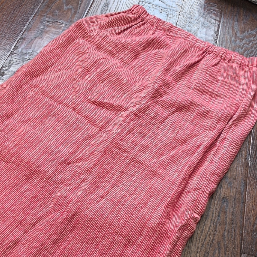 FLAX I Long Midi Red & Cream Textured Linen Casual Lagenlook Pull-On Skirt, M